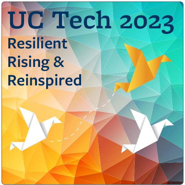 UC Tech graphic with origami birds in flight and Resilient, Rising & Reinspired