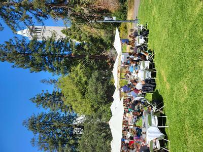 photo of tables of people at the One IT picnic in July 2022 on the faculty glade