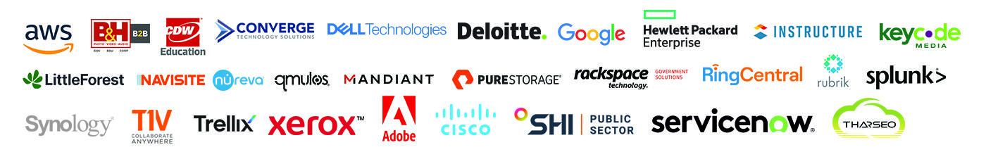  AWS, B&H, CDW Education, Converge Dell, Deloitte, Google, Keycode media, Mandiant, Pure Storage, Rackspace, Ring Central, Rubrik, Synology, T1V and Xerox, Adobe, Cisco, SHI, ServiceNow, Tharseo IT